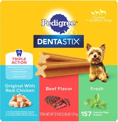 Dentastix Toy - Premios dentales para perros de raza pequeña, sin cereales, sabor original a pollo, ternera y menta fresca, 157 unidades