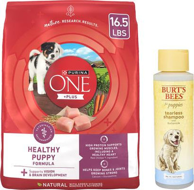 Paquete: alimento seco para perros Purina ONE SmartBlend Healthy Puppy Formula + champú para cachorros Burt's Bees Tearless con suero de leche