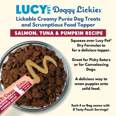 Doggy Lickies Salmon Tuna & Pumpkin Recipe Creamy Puree Grain-Free Lickable Dog Treats, 0.5-oz pouch, case of 8