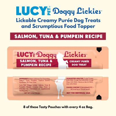 Doggy Lickies Salmon Tuna & Pumpkin Recipe Creamy Puree Grain-Free Lickable Dog Treats, 0.5-oz pouch, case of 8