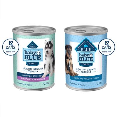 Bundle: Blue Buffalo Baby BLUE Healthy Growth Formula Natural Puppy, Chicken & Vegetable Recipe + Grain-Free High Protein, Turkey & Potato Recipe, Wet Dog Food