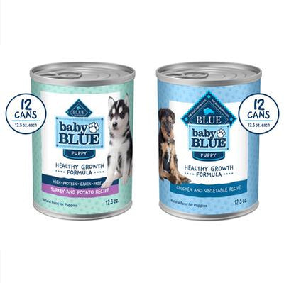 Bundle: Blue Buffalo Baby BLUE Healthy Growth Formula Natural Puppy, Chicken & Vegetable Recipe + Grain-Free High Protein, Turkey & Potato Recipe, Wet Dog Food