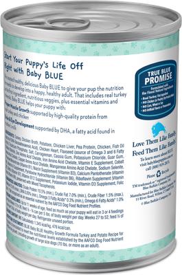 Bundle: Blue Buffalo Baby BLUE Healthy Growth Formula Natural Puppy, Chicken & Vegetable Recipe + Grain-Free High Protein, Turkey & Potato Recipe, Wet Dog Food