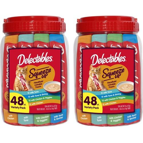 Delectables Squeeze Up - Paquete variado de 4 sabores, premios para lamer sin cereales para gatos, tubo de 0.5 oz, 48 unidades