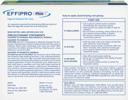 Tratamiento localizado EFFIPRO contra pulgas y garrapatas para gatos de más de 1,5 lb, 6 dosis (suministro para 6 meses)