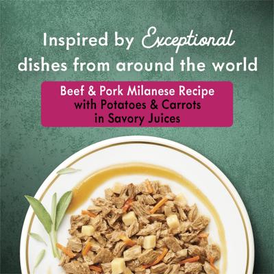 Alimento húmedo para gatos Medleys de carne de res y cerdo a la milanesa con zanahorias y papas en jugos sabrosos, lata de 3 oz, caja de 24