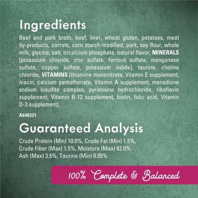 Alimento húmedo para gatos Medleys de carne de res y cerdo a la milanesa con zanahorias y papas en jugos sabrosos, lata de 3 oz, caja de 24
