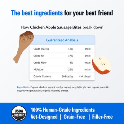 Human Grade Organic Chicken Apple Sausage Bites Dog Treats, 4.5-oz bag