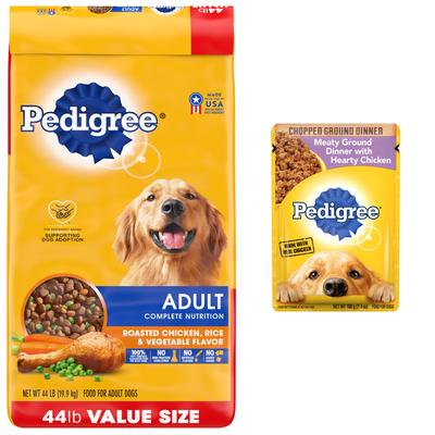 Bundle: Pedigree Chopped Meaty Ground Dinner with Hearty Chicken Wet Food + Complete Nutrition Roasted Chicken, Rice & Vegetable Flavor Dry Dog Food