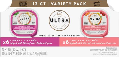 Ultra Variety Pack Adult Grain-Free Turkey Entree & Chicken Entree Pate Dog Food Trays with Toppers, 3.5-oz tray, bundle of 24