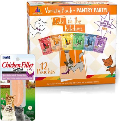 Bundle: Inaba Grain-Free Grilled Chicken Fillet Extra Tender in Crab Flavored Broth Cat Treat, 0.9-oz pouch + Weruva Cats in the Kitchen Variety Pack Grain-Free Cat Food Pouches, 3-oz, case of 12