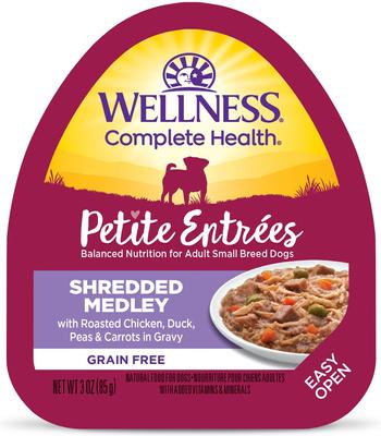Complete Health Petite Entrees Alimento húmedo para perros adultos de razas pequeñas sin cereales con pollo, pato, guisantes y zanahorias trituradas, taza de 3 oz, caja de 12