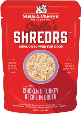 Stella’s Shredrs Grass Fed & Cage Free Beef & Chicken Recipe in Broth Adult Wet Dog Food, 2.8-oz pouch, case of 24