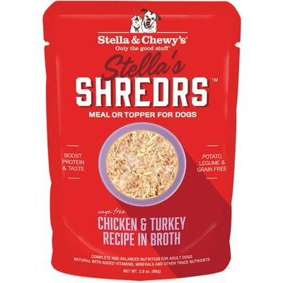 Alimento húmedo para perros adultos Stella’s Shredrs con pollo y salmón en caldo, sin jaula, bolsa de 2.8 oz, caja de 24