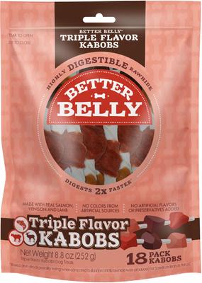 Triple Flavor Kabobs Salmon, Venison & Lamb Highly Digestible Rawhide Dog Treat Chews, 18 count
