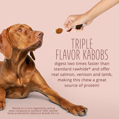 Triple Flavor Kabobs Salmon, Venison & Lamb Highly Digestible Rawhide Dog Treat Chews, 18 count