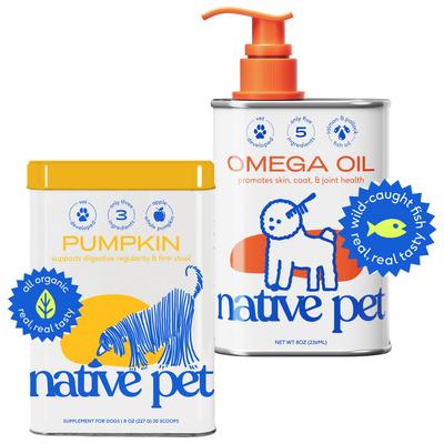 Paquete: Alivio de la diarrea con fibra de calabaza orgánica Native Pet, 236 ml (8 onzas líquidas) + Suplemento para la salud de la piel y el pelaje de perros con aceite de pescado Omega 3, 236 ml (8 onzas líquidas)