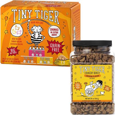 Bundle: Tiny Tiger Chunks in EXTRA Gravy Beef & Poultry Recipes Grain-Free Canned Food + Crunchy Bunch, Chicken Cannonball, Chicken Flavor Cat Treats