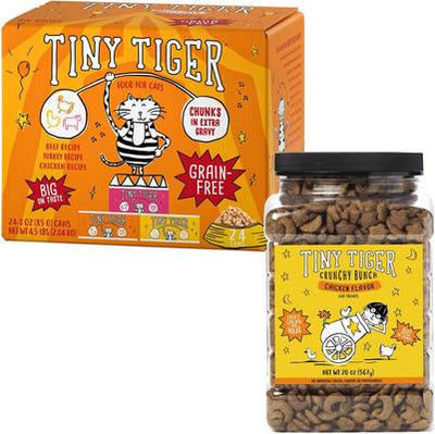 Bundle: Tiny Tiger Chunks in EXTRA Gravy Beef & Poultry Recipes Grain-Free Canned Food + Crunchy Bunch, Chicken Cannonball, Chicken Flavor Cat Treats