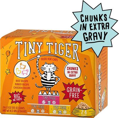 Bundle: Tiny Tiger Chunks in EXTRA Gravy Beef & Poultry Recipes Grain-Free Canned Food + Crunchy Bunch, Chicken Cannonball, Chicken Flavor Cat Treats