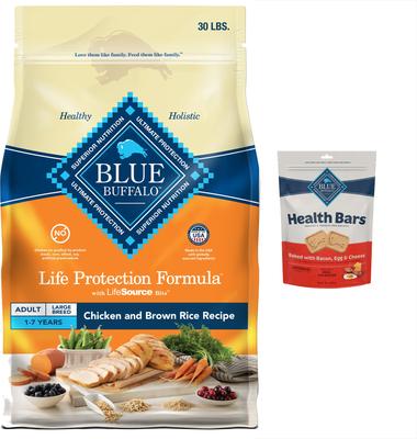 Bundle: Blue Buffalo Life Protection Formula Large Breed Adult Chicken & Brown Rice Recipe Dry Food + Health Bars Baked with Bacon, Egg & Cheese Dog Treats