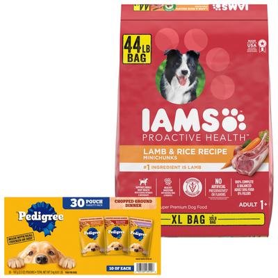 Bundle: Iams Proactive Health Minichunks Small Kibble with Lamb & Rice Dry Food + Pedigree Chopped Ground Dinner Variety Pack Wet Dog Food