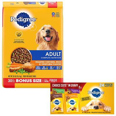 Bundle: Pedigree Choice Cuts in Gravy Variety Pack Filet Mignon, Grilled Chicken, Chicken Casserole & Beef Noodle + Complete Nutrition Roasted Chicken, Rice & Vegetable Flavor Dry Dog Food