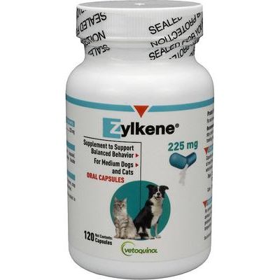 Cápsulas de Zylkene de 225 mg, suplemento calmante para perros y gatos medianos, 120 unidades