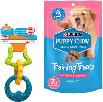Bundle: Nylabone Teething Rings Puppy Chew Toy & Puppy Chow Healthy Start Salmon Flavor Training Dog Treats