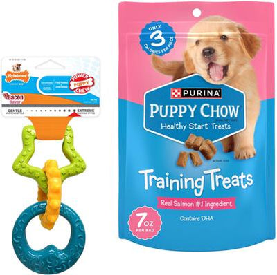 Bundle: Nylabone Teething Rings Puppy Chew Toy & Puppy Chow Healthy Start Salmon Flavor Training Dog Treats