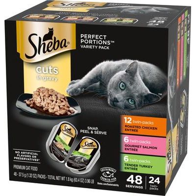 Porciones perfectas: pollo asado sin cereales, salmón gourmet y cortes tiernos de pavo en salsa, paquete variado, bandejas de comida húmeda para gatos adultos, 1.3 oz, caja de 24 paquetes dobles