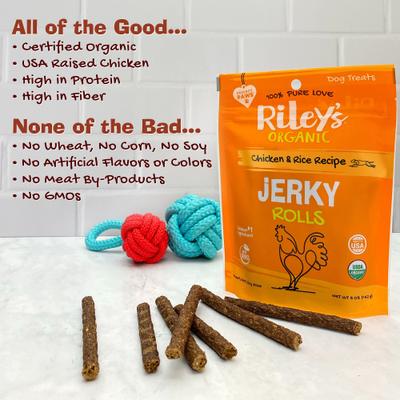 Premios para perros con receta de pollo y arroz Jerky Rolls, bolsa de 5 oz