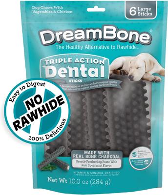 Triple Action Dental Sticks Charcoal Dog Dental Treat, bolsa de 10 oz, 6 unidades