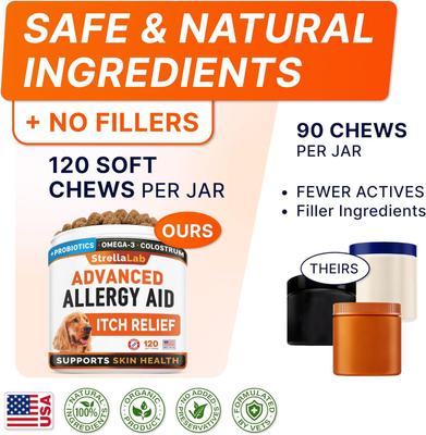 Advanced Allergy Relief & Anti Itch Relief with Omega 3 Fish Oil & Probiotics Skin & Coat Chew Supplement, 120 count