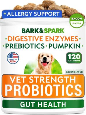 Vet Strength Probiotics Digestive Enzymes Prebiotics Fiber Chews Supplement for Dogs, 120 count