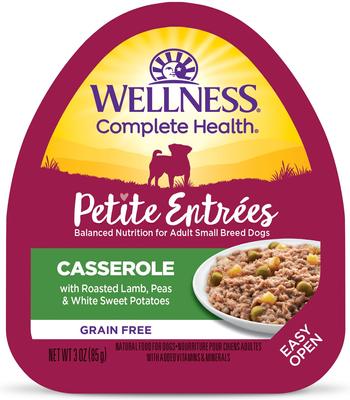 Comida húmeda para perros Complete Health Petite Entrees Adult Small Breed Grain-Free Lamb, Peas & Sweet Potato Casserole, taza de 3 oz, caja de 12