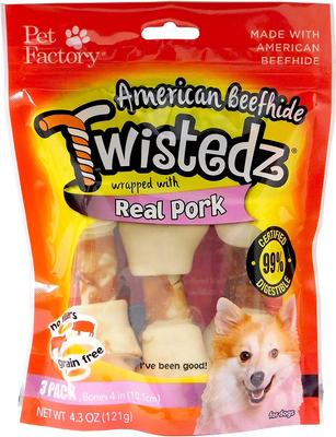 Twistedz 4 to 5-inch Beefhide Bones with Pork Flavored Wrap Dog Hard Chews, 3 count
