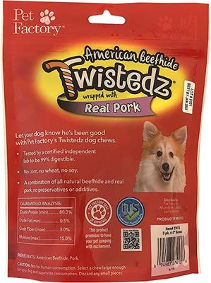 Twistedz 4 to 5-inch Beefhide Bones with Pork Flavored Wrap Dog Hard Chews, 3 count