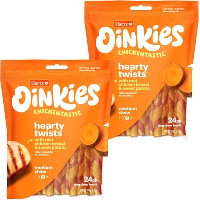 Oinkies Hearty Twists - Golosinas naturales para perros sin cuero crudo, 100 % pechuga de pollo y batata (24 unidades)