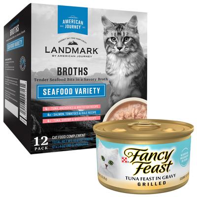 Bundle: Fancy Feast Grilled Tuna Feast in Gravy Canned Food+ American Journey Landmark Broths Seafood Variety Pack Wet Cat Food Complement Pouches