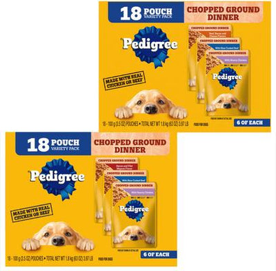 Paquete: Paquete variado de comida húmeda para perros Pedigree Chopped Ground Dinner con pollo, filete miñón y carne de res + Paquete variado con pollo, carne de res y tocino