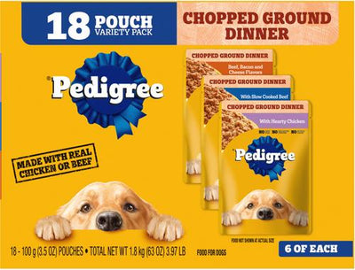 Paquete: Paquete variado de comida húmeda para perros Pedigree Chopped Ground Dinner con pollo, filete miñón y carne de res + Paquete variado con pollo, carne de res y tocino