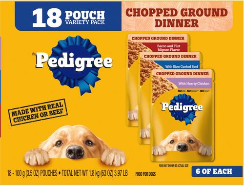 Bundle: Pedigree Chopped Ground Dinner Variety Pack with Chicken, Filet Mignon & Beef + Variety Pack with Chicken, Beef & Bacon Wet Dog Food