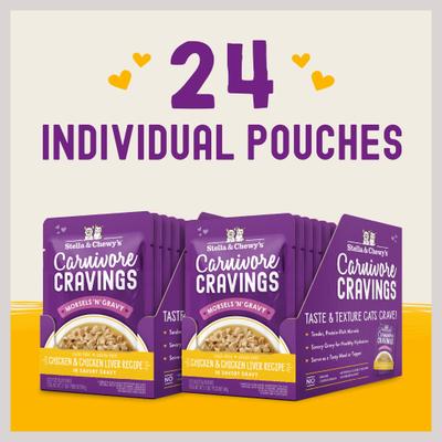 Comida para gatos Carnivore Cravings Morsels'N'Gravy con pollo e hígado de pollo, bolsa de 2.8 oz, caja de 12
