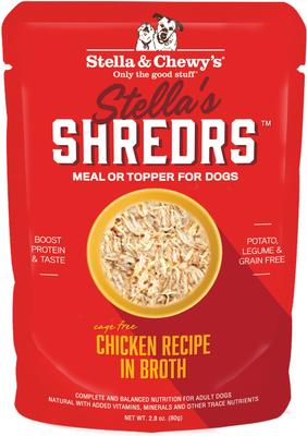 Stella’s Shredrs Grass Fed & Cage Free Beef & Chicken Recipe in Broth Adult Wet Dog Food, 2.8-oz pouch, case of 24