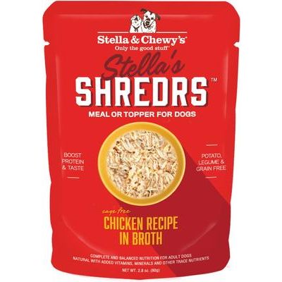 Alimento húmedo para perros adultos Stella’s Shredrs con pollo y salmón en caldo, sin jaula, bolsa de 2.8 oz, caja de 24