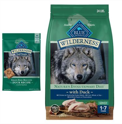 Paquete: Alimento seco para pato Blue Buffalo Wilderness + premios para perros Trail Treats Duck Biscuits
