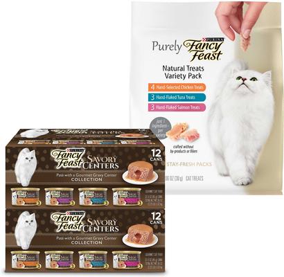 Bundle: Fancy Feast Savory Centers Canned Food + Purely Natural Treats Cat Treats