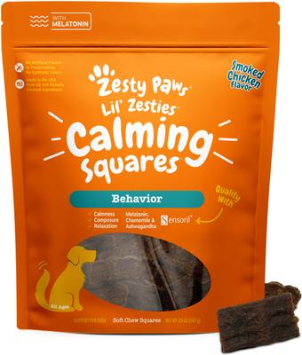 Lil' Zesties Calming Squares - Masticables blandos con sabor a pollo, suplemento de melatonina para perros, bolsa de 20 oz