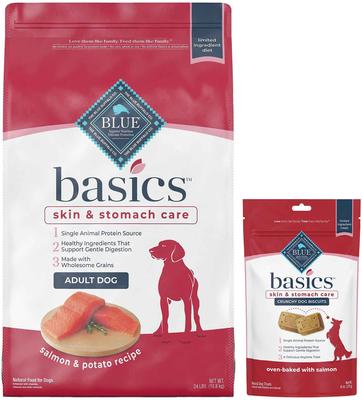 Paquete: Blue Buffalo Basics Cuidado de la piel y el estómago Receta de salmón y patata Alimento seco para adultos + Galletas Premios para perros de salmón y patata